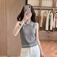 批发设计感复古麻花撞色条纹Polo领无袖背心<b class='q'>女</b>夏季2026新款显瘦上衣潮