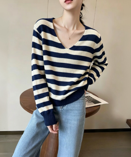 프랑스식 다용도 캐주얼 연령 감소 스트라이프 니트 스웨터 여성 인사이드 가져 가라. V넥 부드럽다 편안함 디자인 외출용 맨위