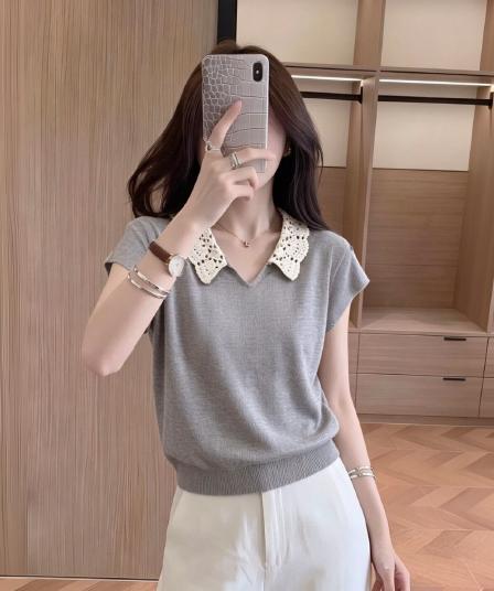프랑스식 소녀 센스 V넥 레이스 자수 칼라 대나무 마디 마 얇은 스타일 니트 맨위 여성 여름 폭발 루즈핏 슬림해 보이는
