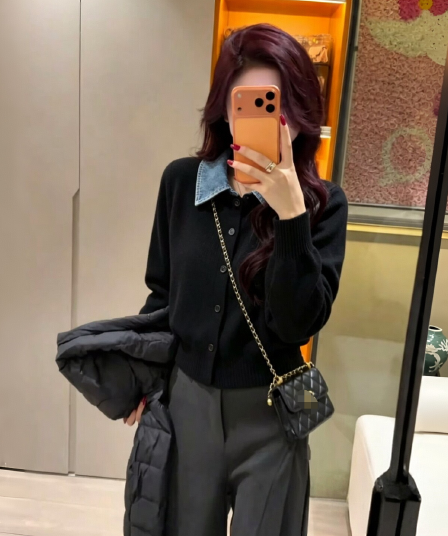 페이크 레이어드 데님 패치워크 니트 오픈 가디건 여성 가을 겨울 새로운 캐주얼 바람 인사이드 가져 가라. 기본 셔츠 스웨터 코트 맨위