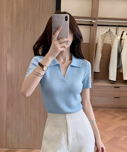 실사 얼음 실크 폴로 칼라 POLO 칼라 니트 스웨터 반팔 티셔츠 여성 여름 얇은 스타일 몸매 가꾸기 슬림해 보이는 구덩이 기사 V넥 긍정적 인 어깨
