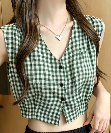고급 센스 레트로 체크무늬 민소매 조끼 여성 셔츠 여름 2026 새로운 폭발 외출용 한국 스타일 작은 맨위