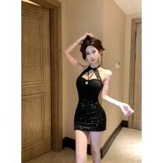 批发实拍  实价  辣妹挂脖<b class='q'>蕾丝</b>拼接亮片连衣裙