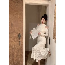 批发实拍  实价气质<b class='q'>旗袍</b>一字肩蕾丝不规则鱼尾裙<b class='q'>连衣裙</b>