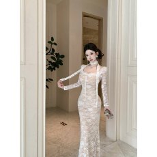 批发实拍  实价 高级感气质雷丝收腰连衣裙鱼尾裙