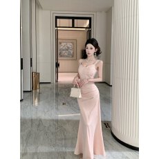 批发实拍 实价  高级感亮片蕾丝拼接晚礼服连衣裙