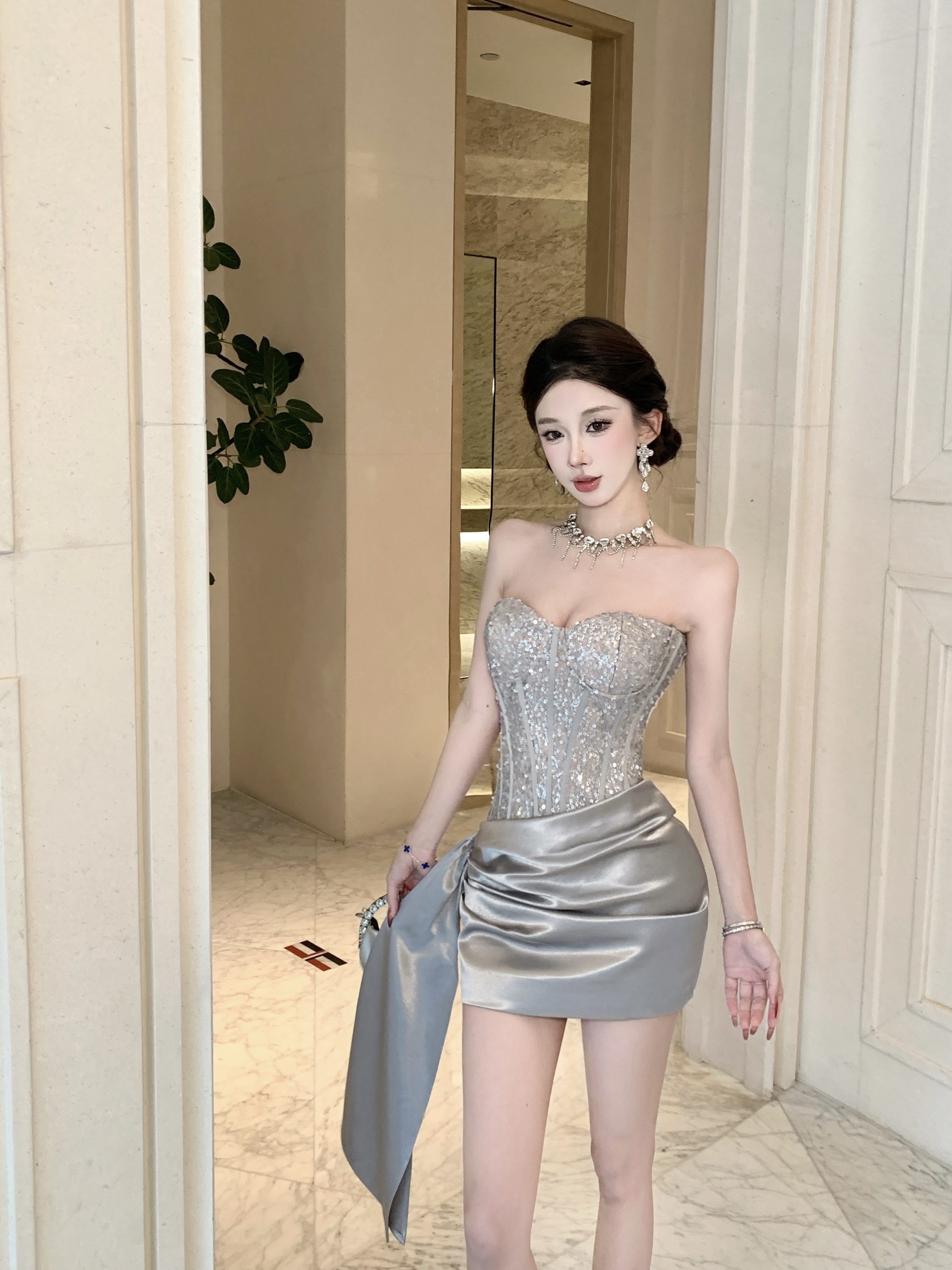 실사 정가 고급 센스 스팽글 패치워크 불규칙 드레스