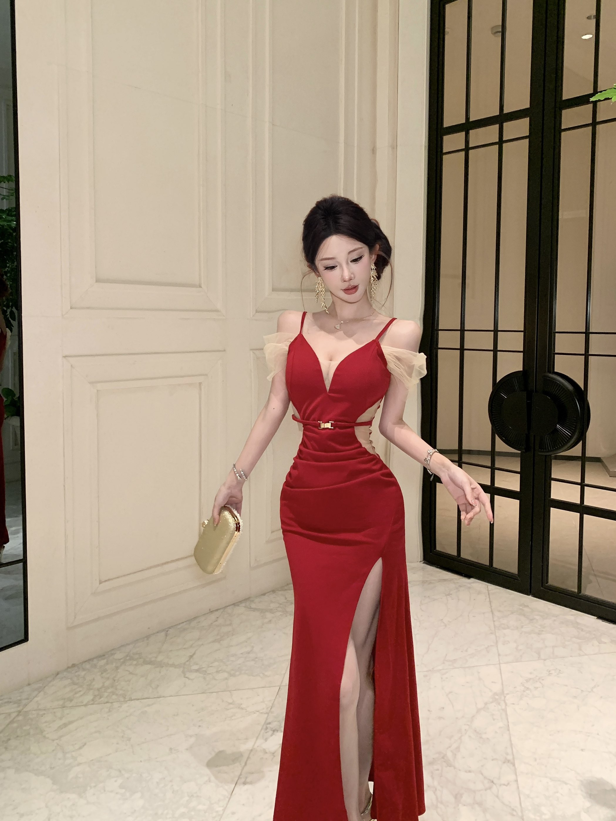 실사 정가 고급 센스 슬립 v 칼라 이브닝 드레스 드레스