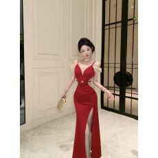 批发实拍  实价 高级感吊带v领子晚礼服连衣裙