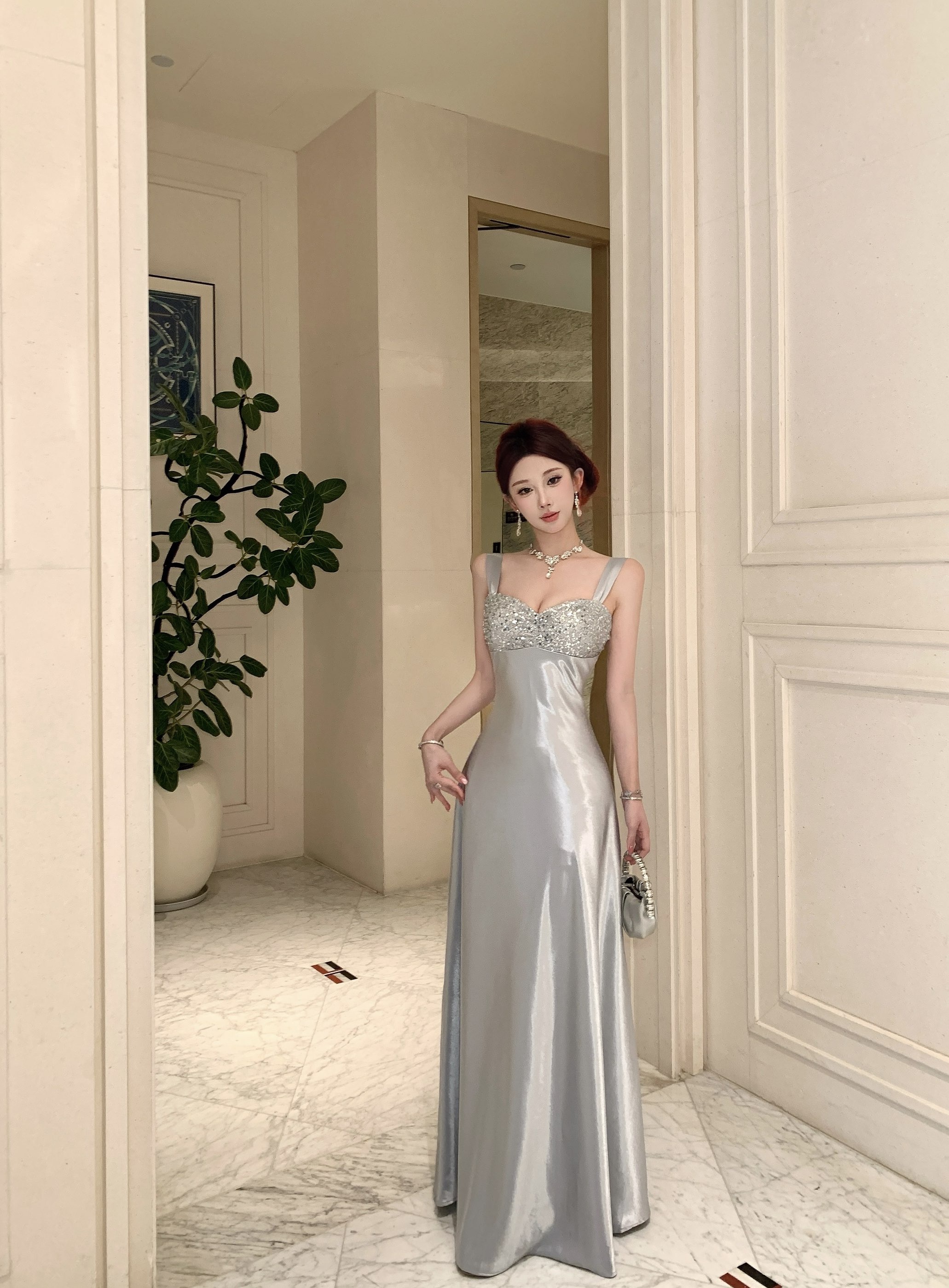 실사 정가 고급 센스 슬립 스팽글 패치워크 이브닝 드레스