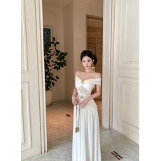 批发实拍 实价 高级感气质一字肩晚礼服连衣裙