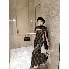 批发实拍 实价 高级感黑色<b class='q'>蕾丝</b>套装吊带礼服长裙带飘带
