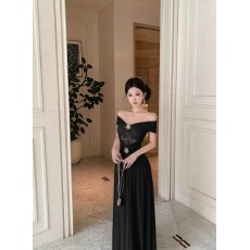 批发实拍 实价 高级感气质<b class='q'>一字肩</b>晚礼服连衣裙