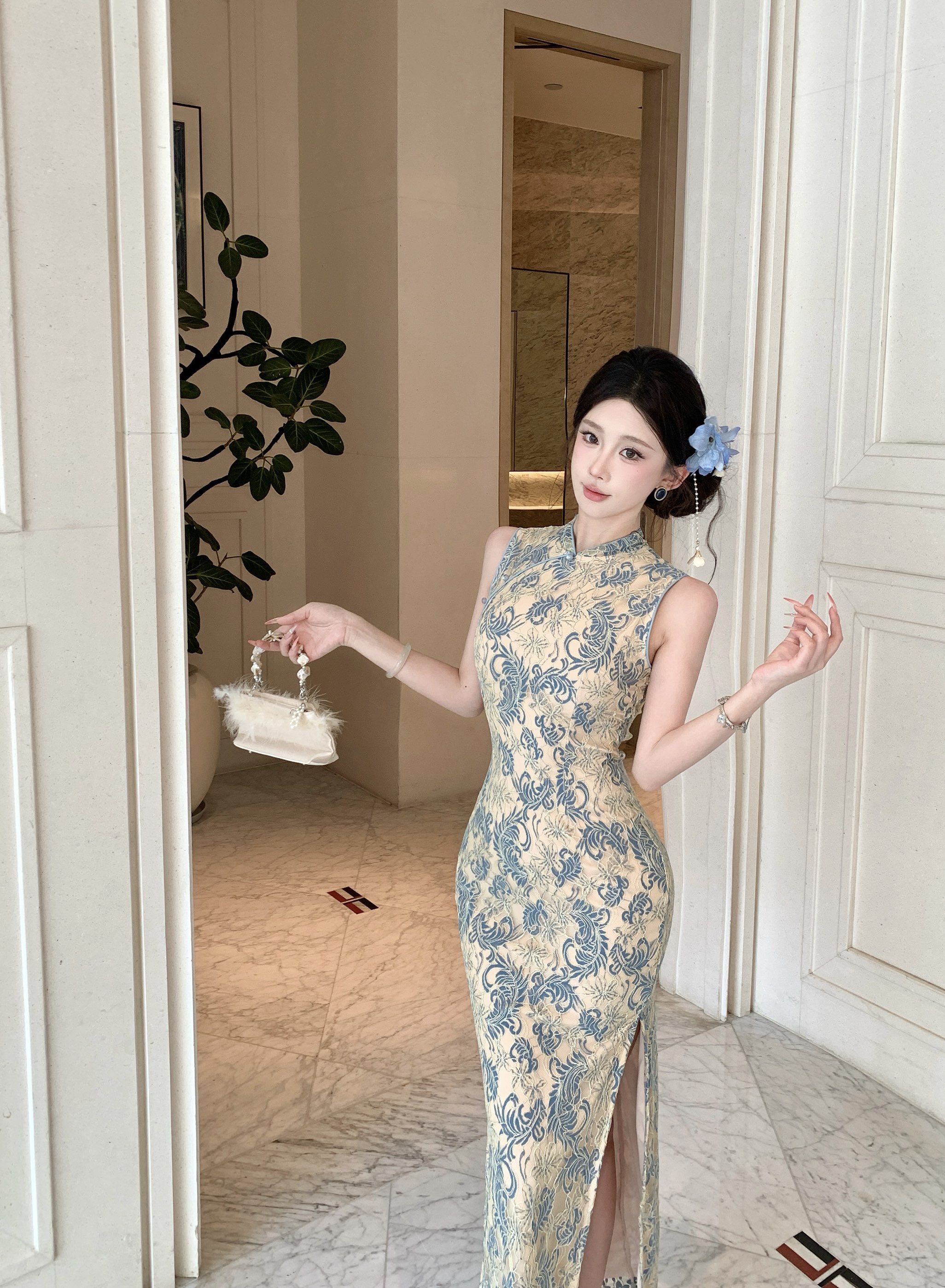 BY26422# 钩花蕾丝改良式旗袍开叉中长连衣裙  服裝批發女裝批發服飾貨源