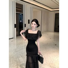 批发实拍 实价 高级感抹胸网纱拼接褶皱连衣裙<b class='q'>礼服</b>裙