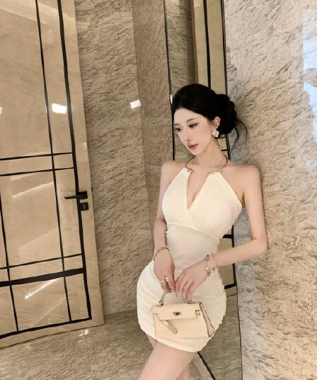 실사 정가 봄 여름 프랑스식 순수한 욕망 섹시함 핫걸 금속 행침 목 드레스