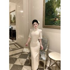 批发实拍 实价 高级感<b class='q'>蕾丝</b>改良旗袍飞袖小珍珠盘口侧开叉裙子