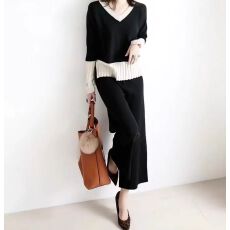 批发小香风针织套装宽松职业优雅两件套春<b class='q'>秋</b>季黑色女显瘦