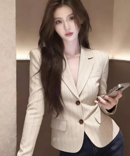 2026 오래된 돈 바람 스트라이프 정장 여성 코트 출퇴근 작은 키 폴로 칼라 이중 버튼 고급 센스 품격 재킷