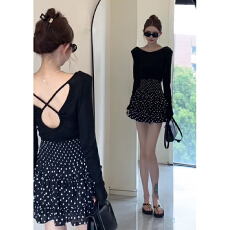 批发大码露背上衣+波点短裙蛋糕裙a字半身裙女高腰裙裤<b class='q'>雪纺</b>气质套装