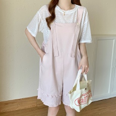 批发实拍大码胖MM粉色背带裤女2025新款夏季短裤显瘦遮肉套装两件套
