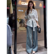 批发大码胖mm法式气质polo领收腰白色衬衫女春<b class='q'>夏</b>新款宽松休闲防晒衬衣