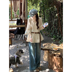 批发大码法式温柔木耳边抽绳<b class='q'>衬衫</b>女纯欲甜美风长袖防晒<b class='q'>衬衣</b>上衣小个子