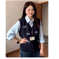 批发大码韩系学院风假两件刺绣背心衬衫秋冬季胖mm显瘦气质<b class='q'>小衫</b>上衣