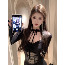 批发大码蕾丝拼接加绒长袖针织衫女秋冬季纯欲性感修身鱼骨内搭上衣