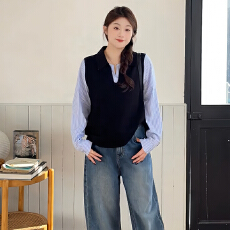 批发大码女装胖mm设计感翻领假两件条纹拼接长袖衬衫2025秋季显瘦上衣