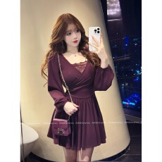 批发法式V领收腰显瘦连衣裙女<b class='q'>秋</b>冬加绒新款大码胖MM蕾丝拼接连衣裙