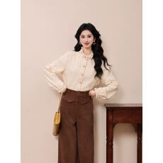 批发大码设计感花边领长袖衬衫女秋冬厚款洋气正肩上衣