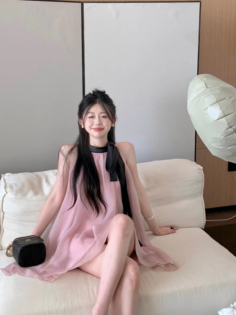 빅 사이즈 핑크색 부드러운 달콤한 스타일 행침 목 여성 드레스 여름 해변가 품격 짧은 치마 작은 키 쇼트 스타일