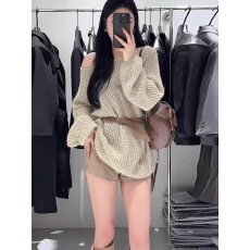 批发慵懒chic镂空毛衣女<b class='q'>秋</b>季2025新款高级感宽松显瘦针织上衣配腰带