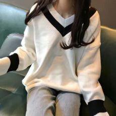 批发<b class='q'>秋</b>冬新款韩版学生宽松毛衣女慵懒风v领百搭套头打底针织衫女