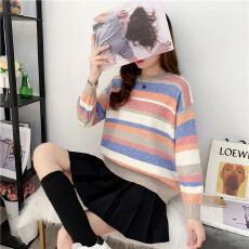 慵懒风宽松套头外穿彩虹条纹毛衣女秋2026新款马卡龙时尚洋气外套