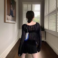 韩版夏季新款针织设计感韩版镂空百搭薄款长袖套头防晒衫上衣女