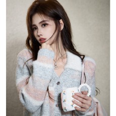 韩国东大门邻家女 休闲百搭灰蓝条纹毛织开衫