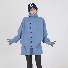 批发韩系高领长袖针织毛衣外套女冬季韩系慵懒宽松软糯开衫半裙<b class='q'>两件套</b>