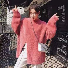 批发慵懒风开叉水貂绒半高领毛衣女秋冬<b class='q'>中长款</b>宽松韩版学生打底针织衫