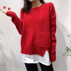 批发羊驼绒秋冬新款韩版圆领宽松拼接假二件套<b class='q'>毛衣</b>女打底针织衫外穿