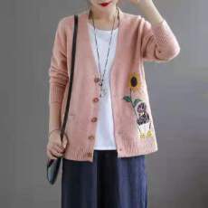批发秋季新款<b class='q'>针织</b>衫外套毛衣女长袖提花女装百搭宽松V领<b class='q'>开衫</b>上衣