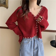 批发短款软奶毛衣女春秋外穿慵懒风宽松显瘦百搭v领长袖针织开衫外套