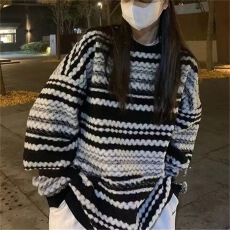 批发毛衣宽松外穿慵懒新款秋冬套头毛衣中<b class='q'>长款</b>上衣条纹