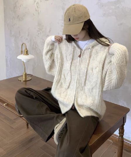 느긋한 바람 회색 펌프 로프 후드 지퍼 스웨터 여성 코트 가을 겨울 외부 가져 가라. 와이드 부드러운 찹쌀 니트 오픈 가디건