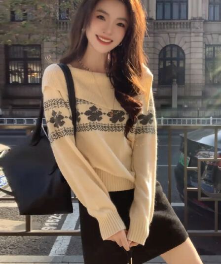 프랑스식 레트로 공정한 섬 자카드 부드러운 찹쌀 스웨터 여자 가을 겨울철 새로운 느긋한 고급 센스 쇼트 스타일 니트 스웨터 트렌디