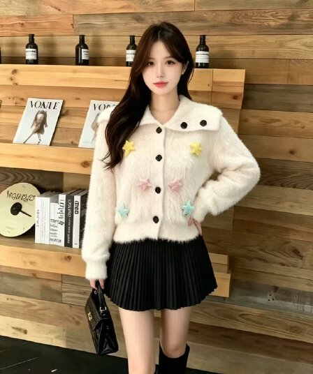 두꺼운 한 부서 빅 칼라 모방 수달 스웨터 여자 화이트 단추 부서 느긋한 분위기 센스 니트 스웨터