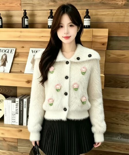 두꺼운 한 부서 빅 칼라 모방 수달 스웨터 여자 화이트 단추 부서 느긋한 분위기 센스 니트 스웨터