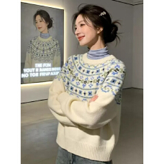 批发复古费尔岛毛衣秋冬女慵懒高级感重工提花圆领套头加厚羊毛针织衫
