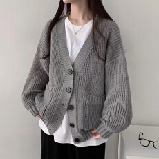 批发<b class='q'>韩国</b>ins秋冬法式减龄慵懒风宽松百搭针织开衫女单排扣v领毛衣外套